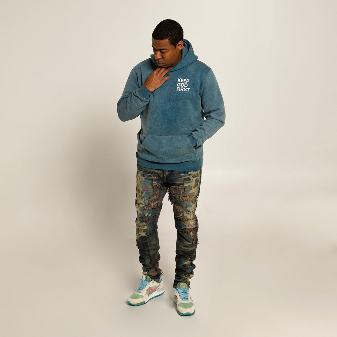 Blue Acid Wash Keep God First Hoodie + FREE Tee