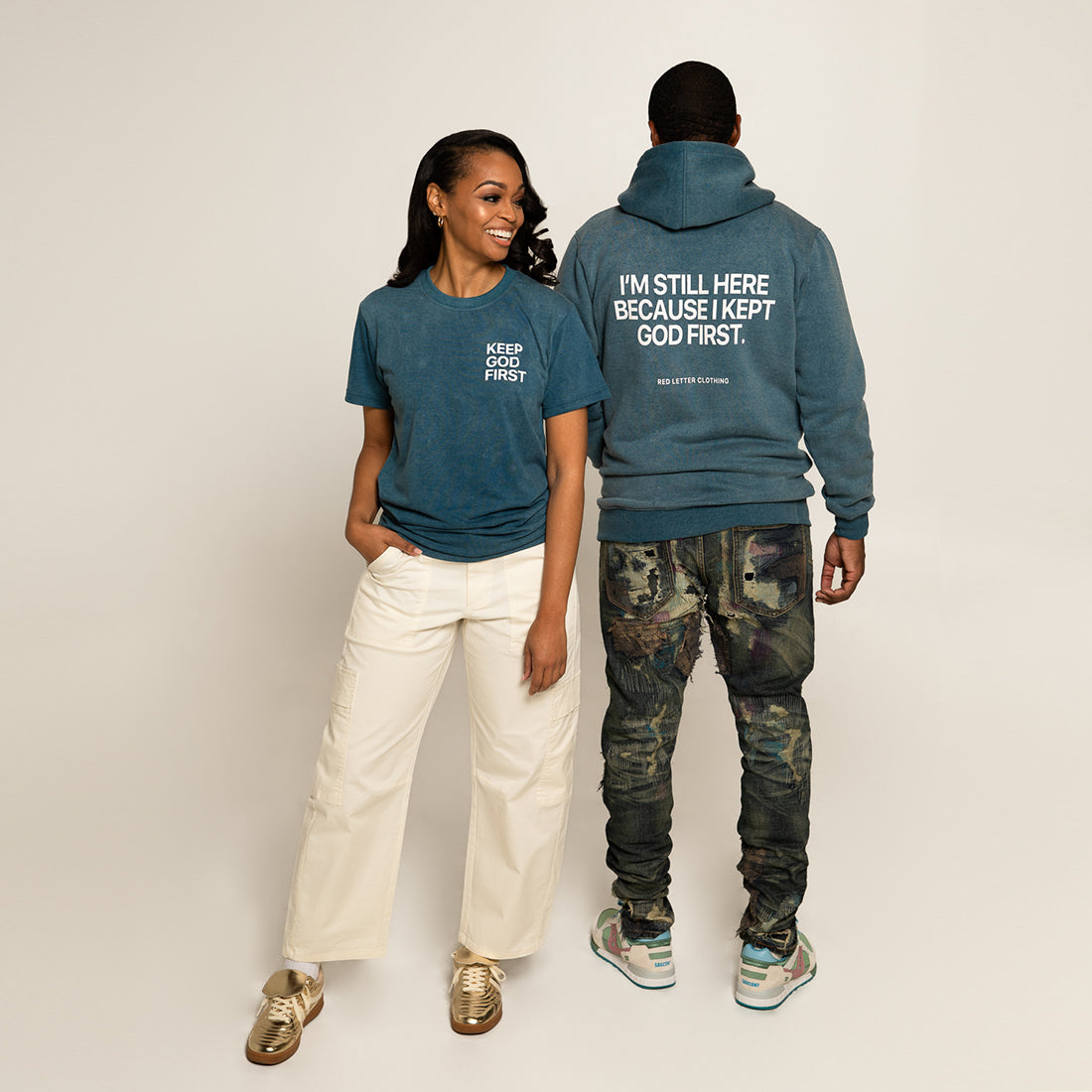 Blue Acid Wash Keep God First Hoodie + FREE Tee